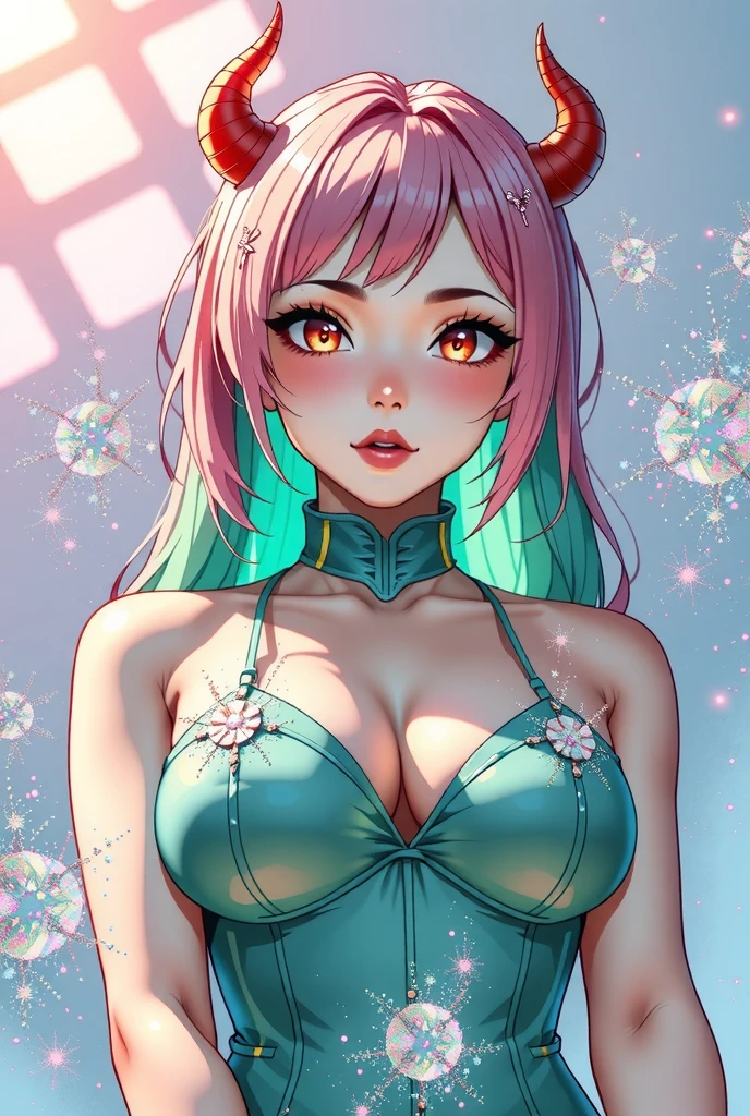 Japanese girl, (anime), manga, sexy, One Full Growth in Latex, sparkles, Pink Green Hair, posing, ((Glitter Dust)), dynamic shadows, masterpiece, bright colors, Shimmers, clear details, beautiful appearance, masterpiece, best quality, perfect anatomy, very aesthetic, official art, 8k, horny, sexual gaze, huge breasts, edgy graphic design, sexy pose, straight on,
