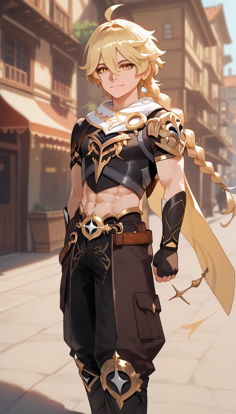 ultra-detailed, 1boy, solo, aether, ((masterpiece)), (best quality), (highres), 16K, yellow eyes, blonde hair, long hair, ahoge, hair between eyes, braid, single braid, chest tattoo, wearing tactical pants, boots, muscular body, looking at viewer, smile, detailed face, detailed hair, detailed whole body, streets background