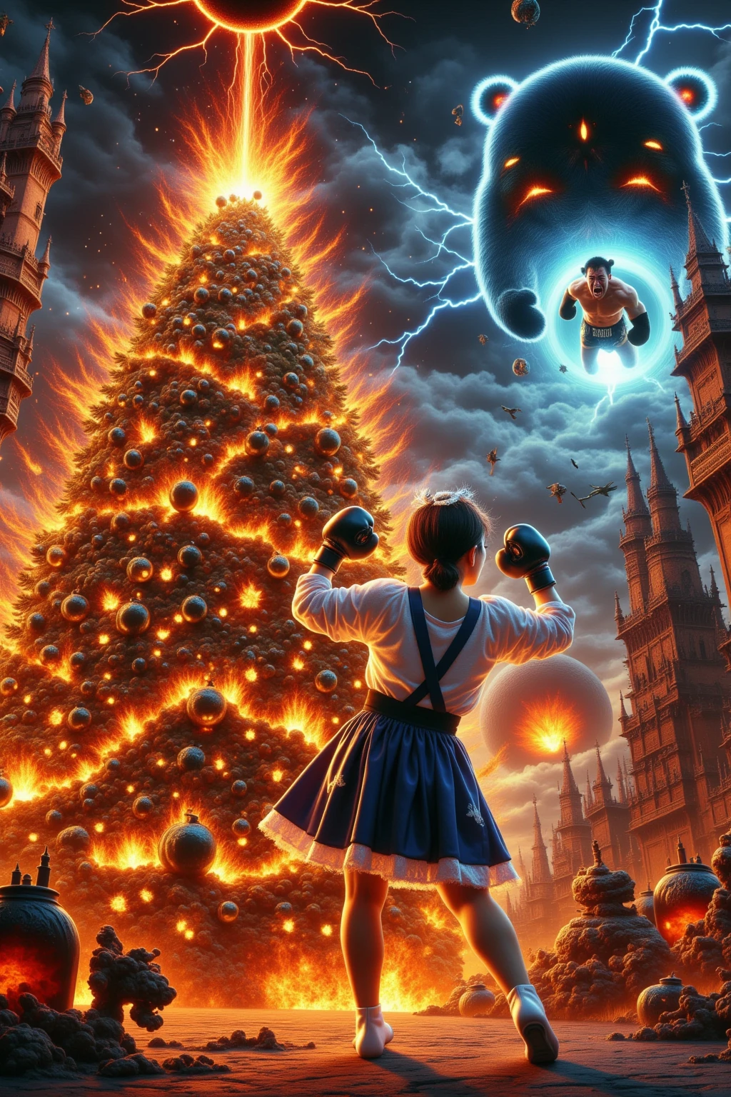 ultra-realistic, photorealistic, dramatic scene, shadow, global-illumination, solo, (a beautiful Japanese maid girl is decorating a Christmas tree in a antique room of the old European castle), cute colored maid costume, gorgeously antique furnishings, gorgeously decorated with Christmas decoration in the room, the large vintage TV displays\(Muay Thai fighter vs. terrifying man-eating panda, there are the shouting Muay Thai fighter and terrifying panda with fang, volcano, thunder, giant meteorite, galaxy, blackhole, missile, explosion, Muay Thai fighter shows extremely painful expressions\), bright ceiling lighting in the room, peaceful sunny day, she is looking back and showing a gentle smile, dynamic angle, flying terrifying panda