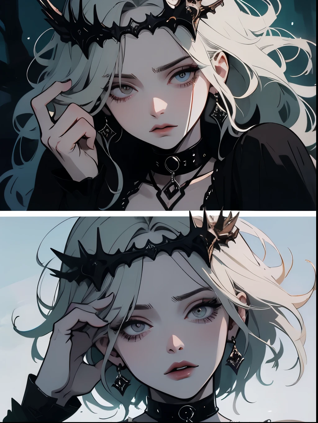 The character portrayed in the image presents an intriguing and expressive visual. Here are some aspects that can be highlighted :
1. ** Expression and Position **: The character has an intense expression , with clear and focused eyes , conveying a sense of determination or power . She shows her palms in front of her face , which may suggest protection or a warning gesture .
2. **Hair and Accessories **: Her hair is long and smooth , with a dark shade , contributing to her mystical appearance . She wears earrings and has rings on her hands , indicating a bold style .
3. **Visual Elements**: An interesting detail is the presence of a snake , that can symbolize wisdom , transformation or danger , depending on the context of the character . The combination of colors , , especially the background blue and the shadows , creates an enveloping atmosphere .
4. **Clothing**: The costume seems to be a mix of modern and casual , with details that may refer to influences from alternative styles .
5. **Composition and Style **: The art is stylized, with a marked line and contrasting colors , that highlight the character in a dynamic and artistic way .
These elements together help to create a powerful and charismatic image , full of symbolism and expression .