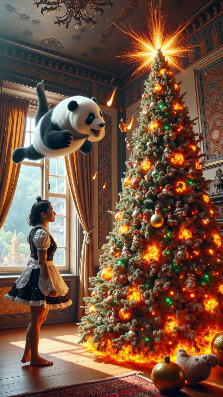 ultra-realistic, photorealistic, dramatic scene, shadow, global-illumination, solo, (a beautiful Japanese maid girl is decorating a Christmas tree in a antique room of the old European castle), cute colored maid costume, gorgeously antique furnishings, gorgeously decorated with Christmas decoration in the room, the large vintage TV displays\(Muay Thai fighter vs. terrifying man-eating panda, there are the shouting Muay Thai fighter and terrifying panda with fang, volcano, thunder, giant meteorite, galaxy, blackhole, missile, explosion, Muay Thai fighter shows extremely painful expressions\), bright ceiling lighting in the room, peaceful sunny day, she is looking back and showing a gentle smile, dynamic angle, flying terrifying panda