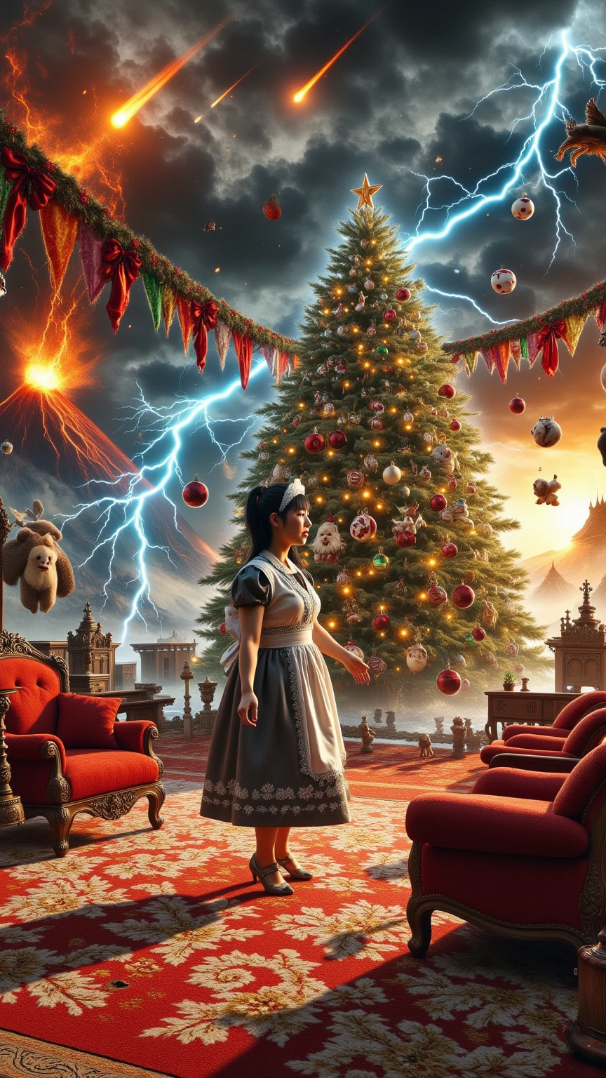 ultra-realistic, photorealistic, dramatic scene, shadow, global-illumination, solo, (a beautiful Japanese maid girl is decorating a Christmas tree in a antique room of the old European castle), cute colored maid costume, gorgeously antique furnishings, gorgeously decorated with Christmas decoration in the room, the large vintage TV displays\(Muay Thai fighter vs. terrifying man-eating panda, there are the shouting Muay Thai fighter and terrifying panda with fang, volcano, thunder, giant meteorite, galaxy, blackhole, missile, explosion, Muay Thai fighter shows extremely painful expressions\), bright ceiling lighting in the room, peaceful sunny day, she is looking back and showing a gentle smile, dynamic angle, flying terrifying panda