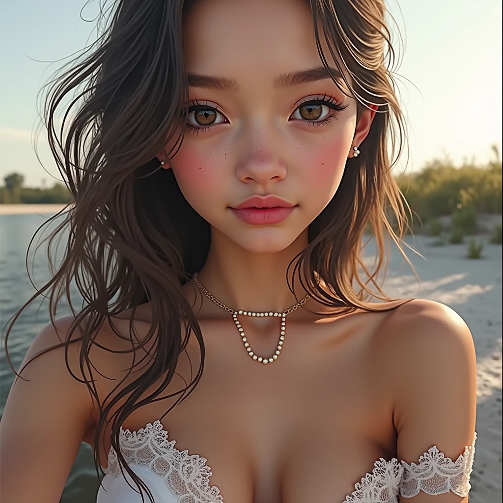 ((There are no sunburn marks))、one girl, (a beauty girl, delicate girl:1.3), (14 years old:1.3), break, Browsing Caution, (publish nudes, Hanging:1.3), break, Definition of Very Fine Particles, (Symmetrical eyes:1.3), break, (Beach:1.3), break, Small breasts, Brown eyes, Parted bangs, Brown Hair, girl, break, (Eye and facial details:1.0), break, (masterpiece, Highest quality, Very detailed, Detailed face, 8k)