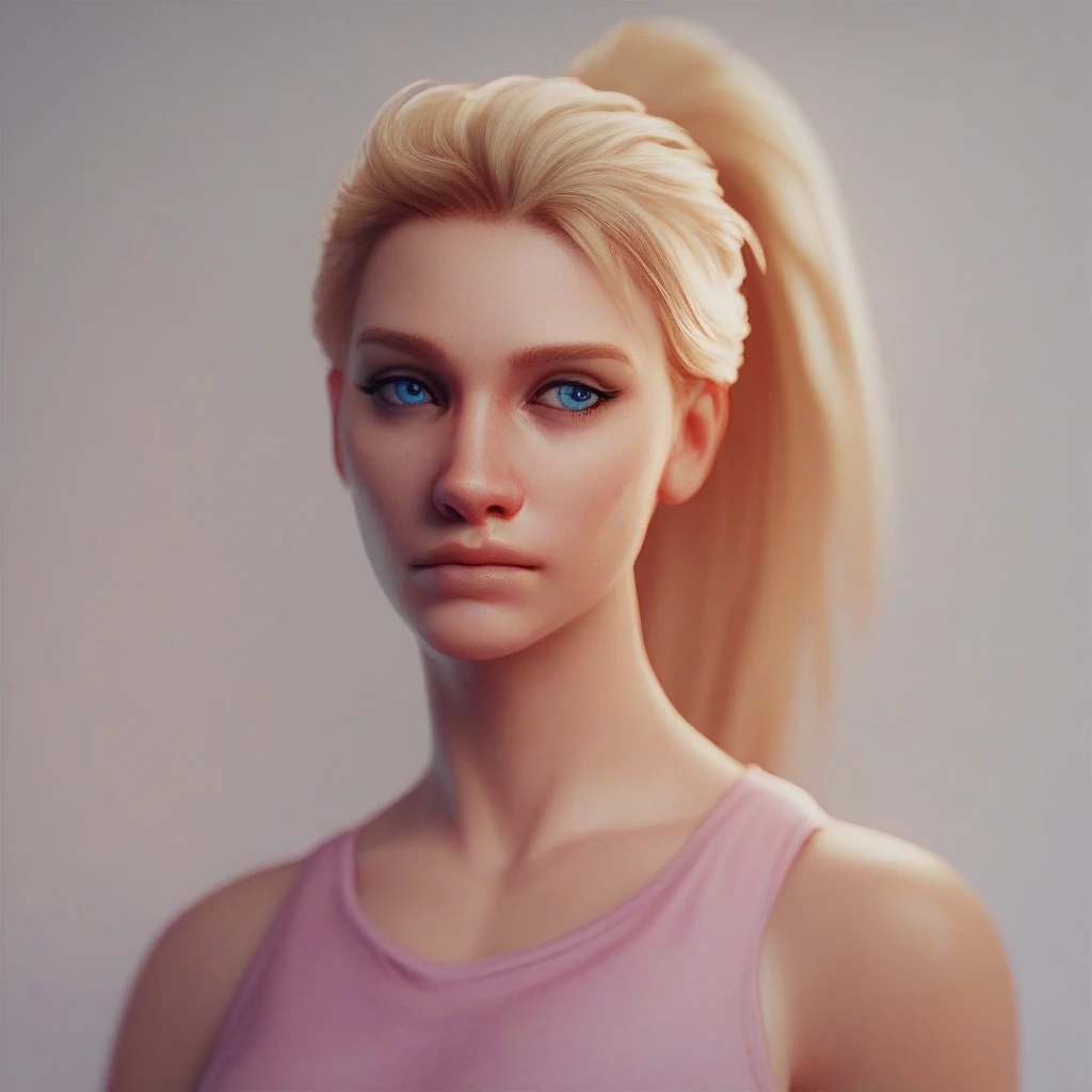 masterpiece, best quality, Shadman_Style, 1girl, solo, blonde hair, high ponytail, blue eyes, pink tank top, upper body,  depth of field,