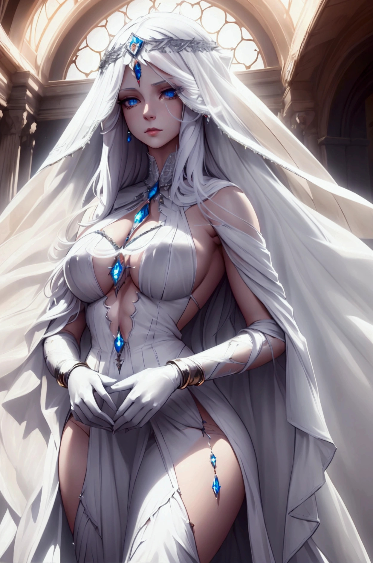 cyan priestess, (stockings), decollete, natural breasts, slim body, zettai ryouiki, medium length hair, beautiful detailed eyes, portrait, most realistic, highest quality, best pixels, 8k ultra