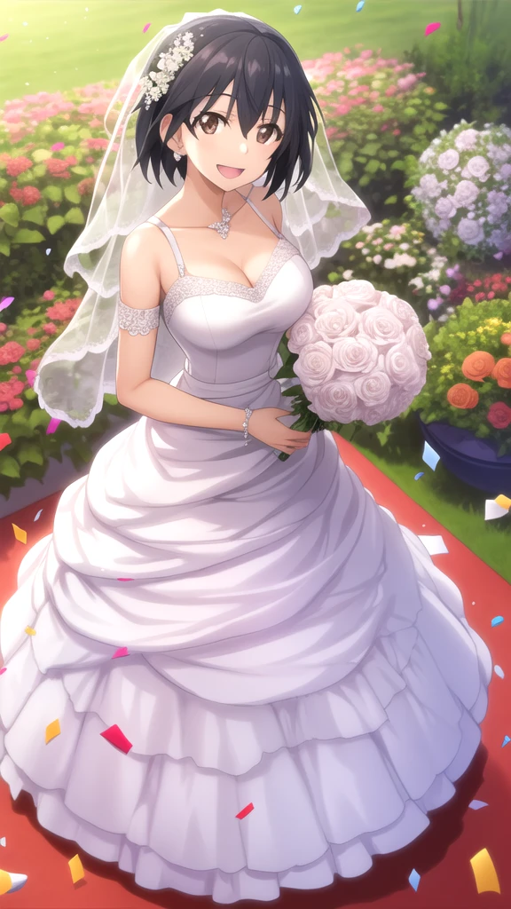 masterpiece, best quality, high quality, girl, solo, looking at viewer, ichika_orimura, black hair, brown eyes, large breasts, wedding Dress, standing, garden, confetti, holding bouquet, smile, open mouth,