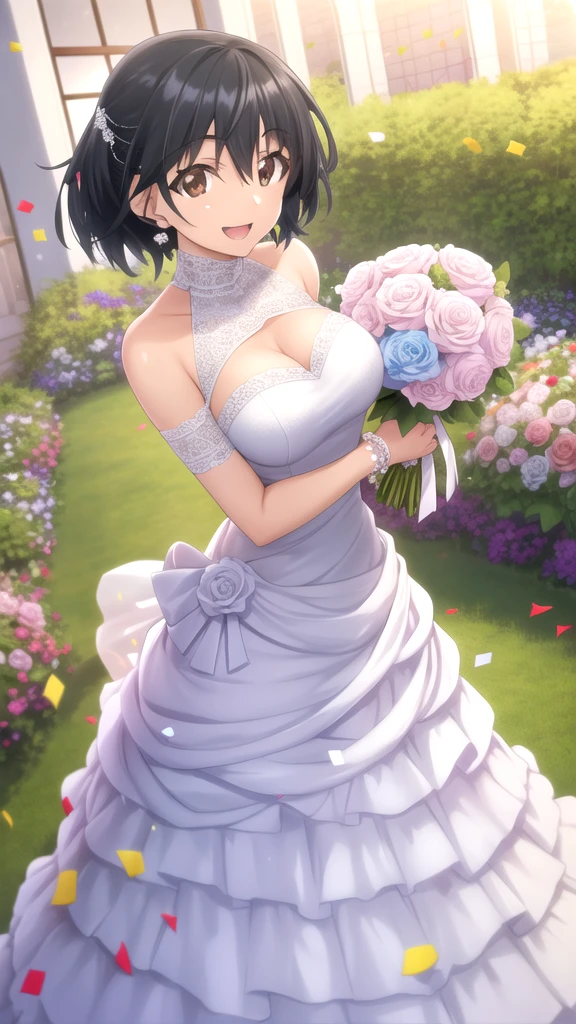 masterpiece, best quality, high quality, girl, solo, looking at viewer, ichika_orimura, black hair, brown eyes, large breasts, wedding Dress, standing, garden, confetti, holding bouquet, smile, open mouth,