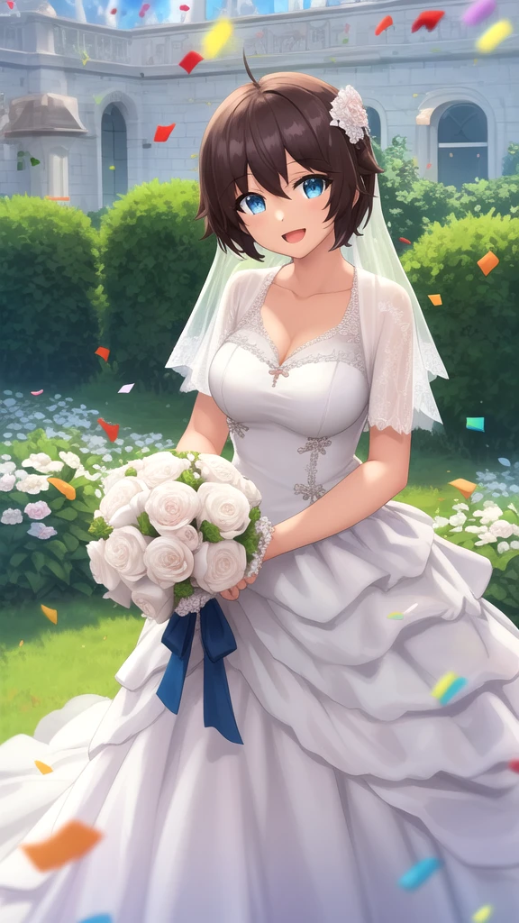 masterpiece, best quality, high quality, girl, solo, looking at viewer, noir_stalgia, brown hair, blue eyes, large breasts, wedding Dress, standing, garden, confetti, holding bouquet, smile, open mouth,