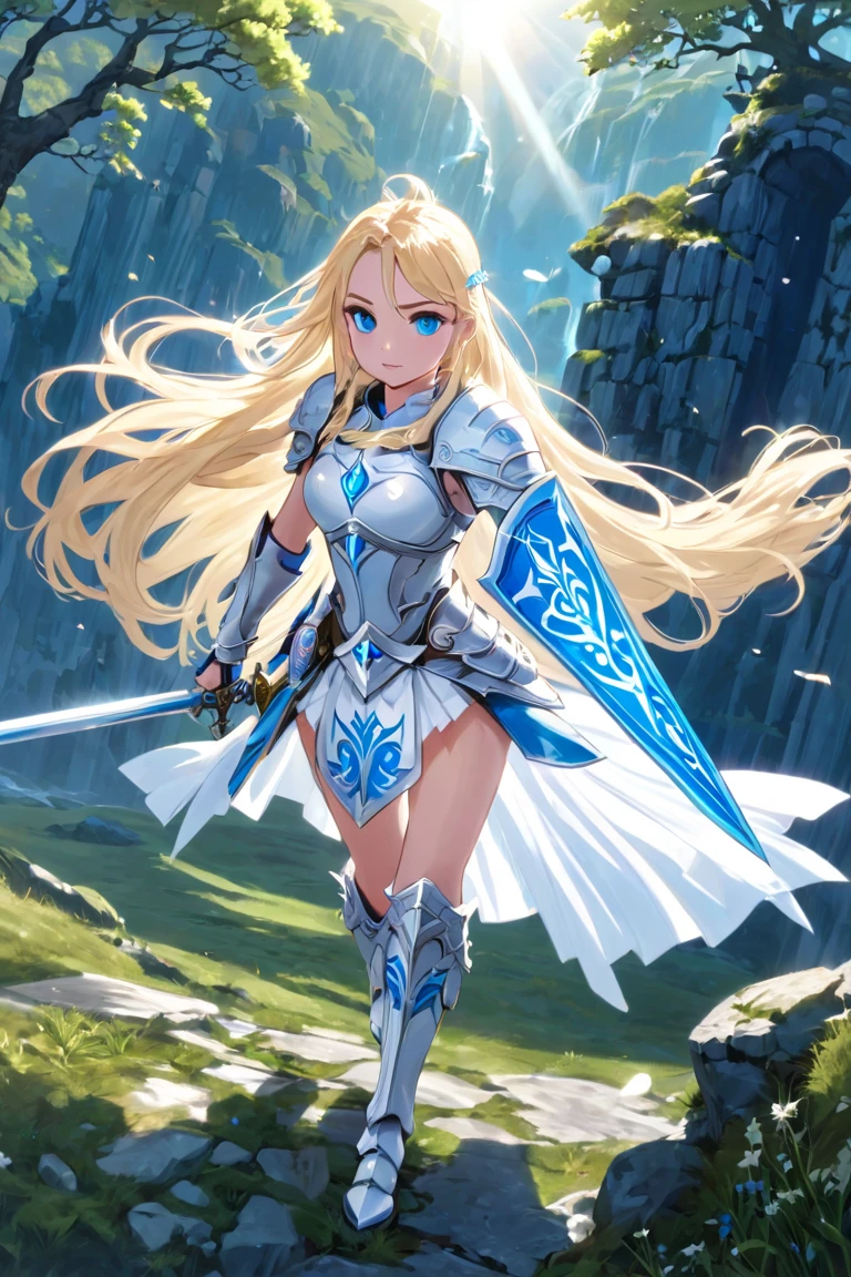 A beautiful magical girl warrior, long blonde hair, blue eyes, small breasts,Fantasy cropped armor  white pleated skirt. Tiara, sword and shield she goes on an adventure trip She walks through an imaginative landscape