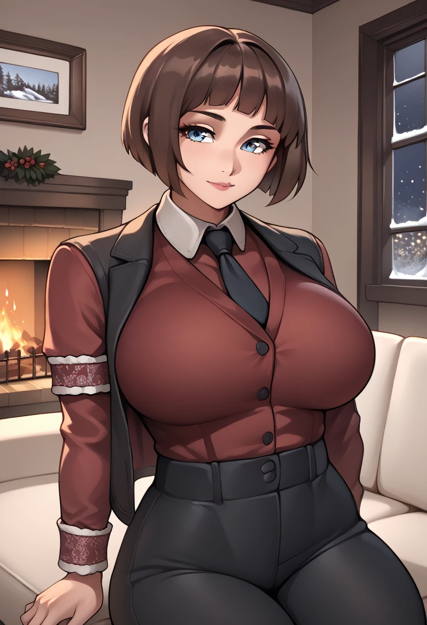 score_9, score_8_up, score_7_up, source_anime, 1woman, mature, human female, human, detailed face, jawline, smooth skin, beige skin, beautiful eyes, blue eyes, brunette, big breasts, bob cut hair, indoors, couch, fireplace, night, window, snow, red shirt, black necktie, long sleeves, arm garter, black gloves, black vest, waistcoat, black pants,