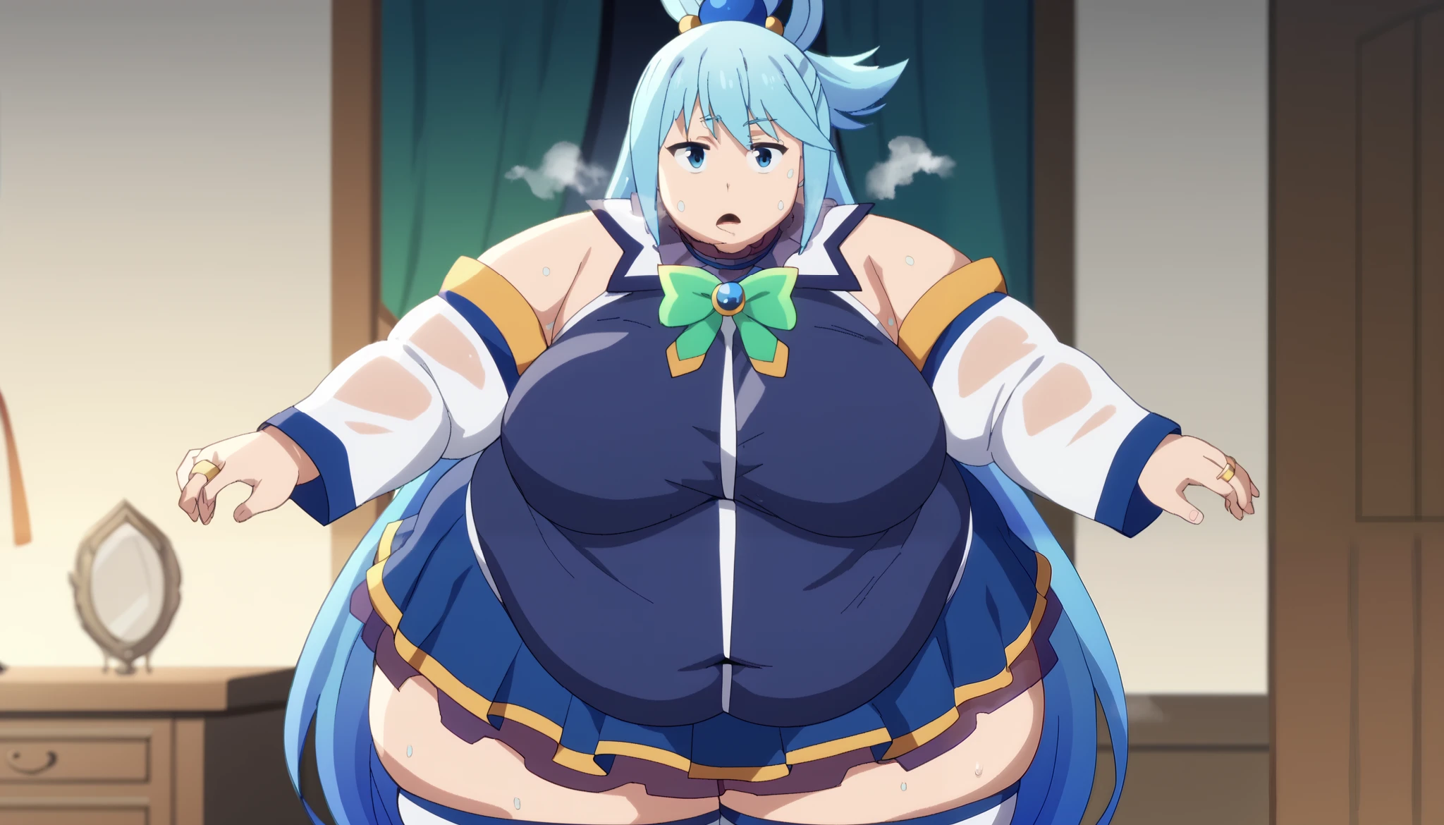 score_9, score_8_up, score_7_up, score_6_up, score_5_up, score_4_up, source_anime, anime screencap, BREAK 1girl, (very giant girl:1.2), aqua \(konosuba\), long hair, blue eyes, hair ornament, very long hair, blue hair, hair rings, single hair ring, hair bobbles, skirt, shirt, thighhighs, bare shoulders, detached sleeves, white thighhighs, blue skirt, blue shirt, green bow, nsfw, masterpiece, best quality, ), (steaming), (sweat), (very sweaty), (sweaty body), ((steaming body)), (very wet body), (very wet clothes), expressionless, cowboy shot, straight-on, ((looking at viewer)), standing, ((flirting pose)), (fancy living room), fat, chubby, obese, (gigantic arms and legs), (large breasts), (open mouth), (out of breath), (glossy clothes), (very detailed shading of clothing), ((ssbbw))