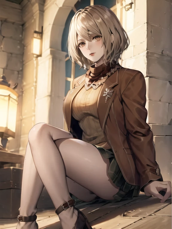  one girl, اشلي-re4, Shoes, brown eyes, coat, high heel Shoes,  high heel shoes, Jacket, knee Shoes, lip,  long socks , وَشَاح, short hair, Sitting, pocket, Alone,  sweater 