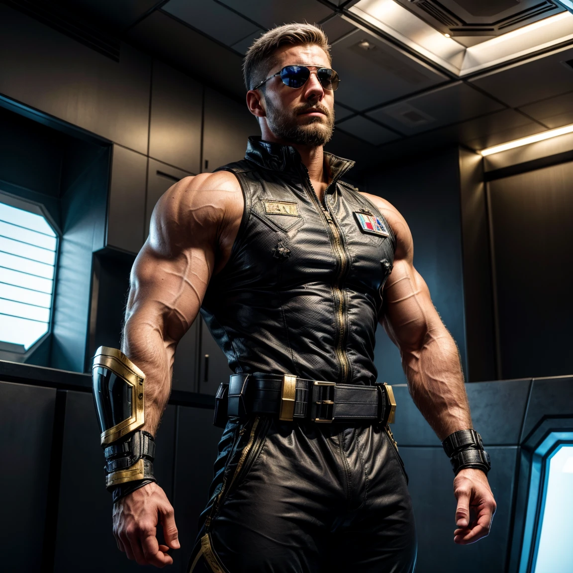 (handsome mature man), (50 yo), white man, wearing a speedo, wet speedo, dripping wet, bulge, (beefy:1.3), beard, looking at viewer, beautiful man, detailed eyes, symmetric face, smirk, robust, graying hair, sci-fi setting, on an alien planet, exotic alien foliage, wearing a pilot helmet, x-wing pilot heet, neon colors, stars visible, futuristic latex armour (see-through!), glowing armor, neon lights on armour, elbows pads, alien tentacles, kneepads, cool futuristic belt, graying beard, holding a light saber, battle pose, long gray hair,
