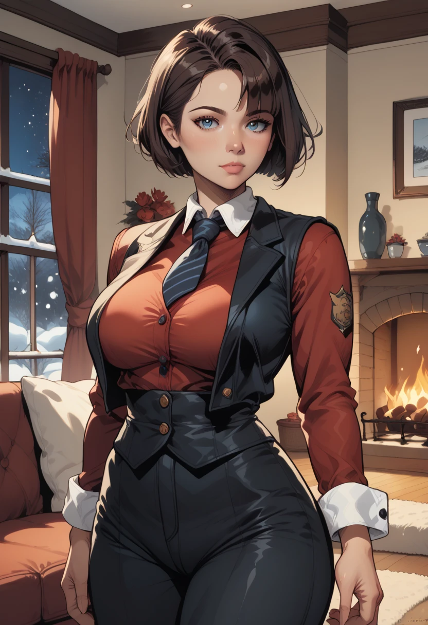 score_9, score_8_up, score_7_up, source_anime, 1woman, mature, human female, human, detailed face, jawline, smooth skin, beige skin, beautiful eyes, blue eyes, brunette, big breasts, bob cut hair, indoors, couch, fireplace, night, window, snow, red shirt, black necktie, long sleeves, arm garter, black gloves, black vest, waistcoat, black pants,