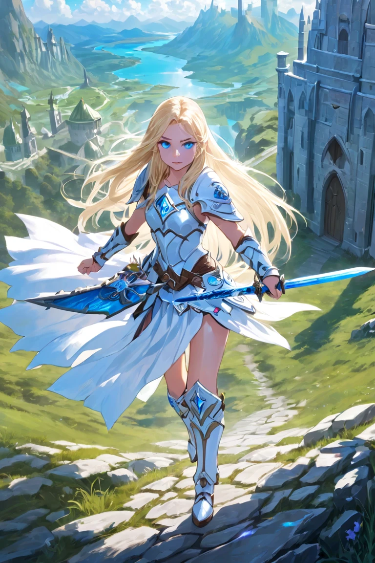 A beautiful magical girl warrior, long blonde hair, blue eyes, small breasts,Fantasy cropped armor  white pleated skirt. Tiara, sword and shield she goes on an adventure trip She walks through an imaginative landscape