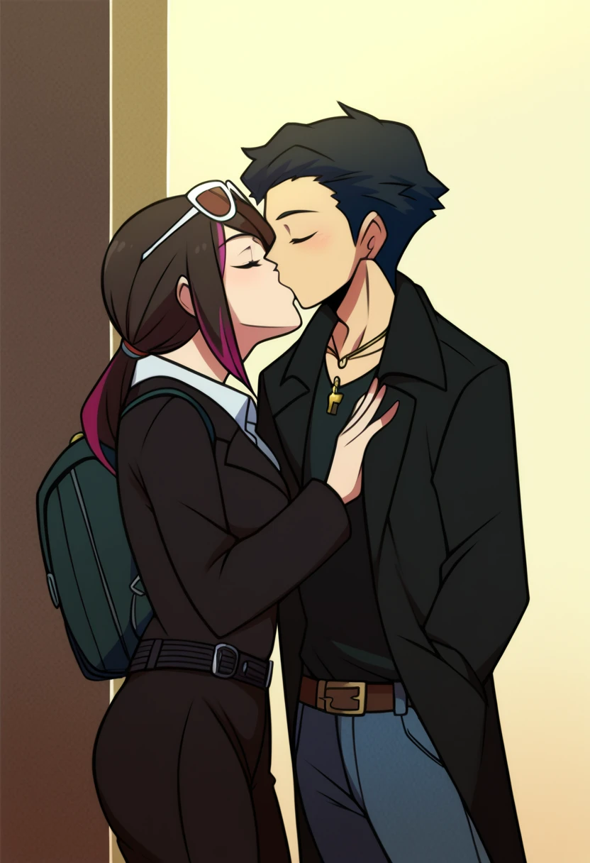 imtdfeiwu, 1girl, black hair, ponytail, multicolored hair, streaked hair, red lock, jacket, eyewear on head, sunglasses, leather jacket, black jacket, pants, shirt, jeans, backpack, necklace, belt, And 1boy, Black hair Black trench coat, closed eyes,Kiss romantic scene),semidraws style,