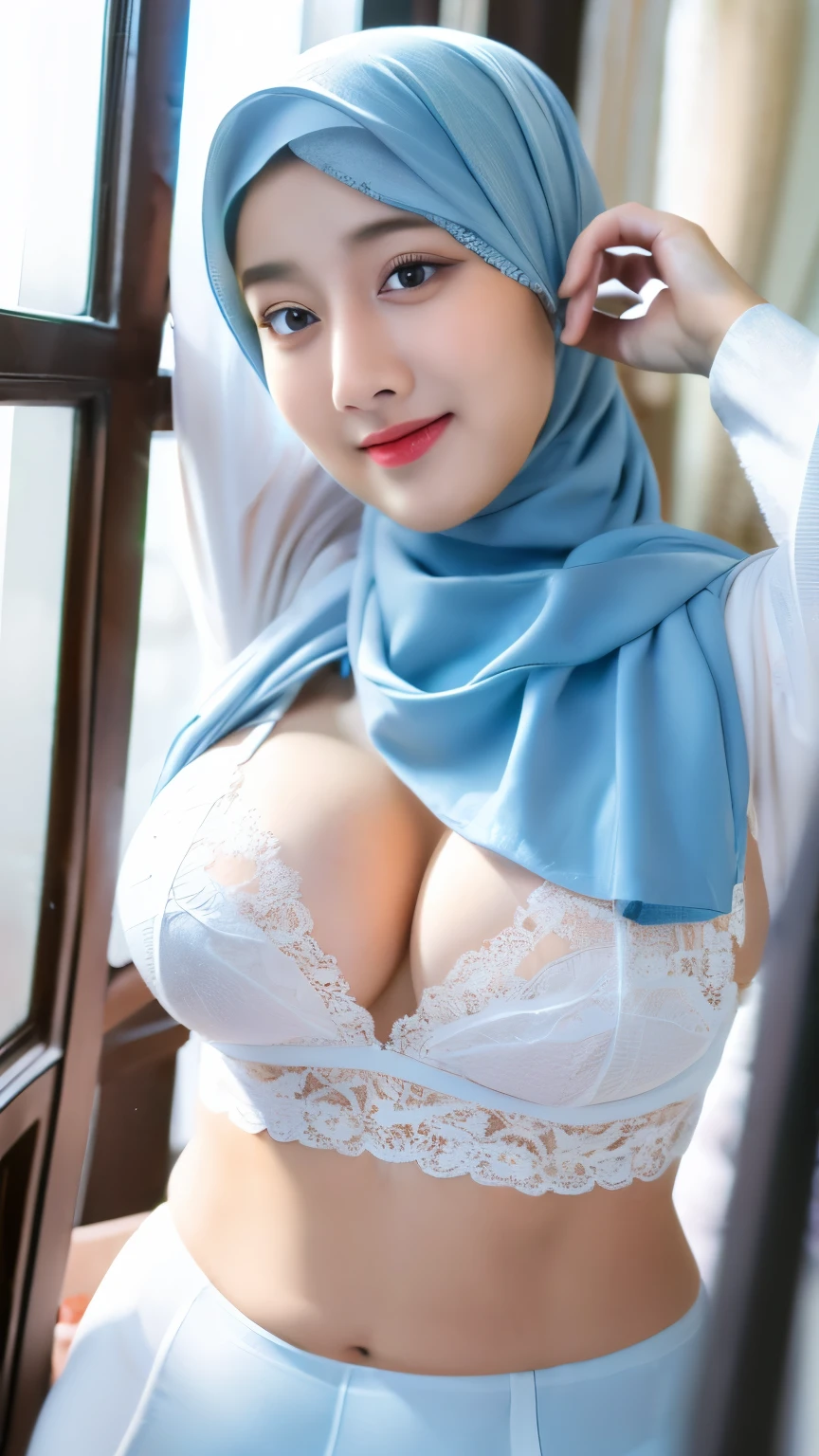 RAW, Best quality, high resolution, UHD, HDR, masterpiece: 1.3). sexy pose. (masterpiece, best quality: 1.2), girl, 1 beautiful girl, gentle smile, (intricate eye detail), face detail, lip detail, nose detail, looking at the viewer, hands on hips, long hijab, long open shirt, long hijab , ((girl in long hijab)), very cute face, ((standing gracefully)), white floral lace bra and leggings, pastel blue raincoat, big breasts, sexy small waist, wide hips, thick thighs, slim stomach, firm skin , headscarf beautiful realistic