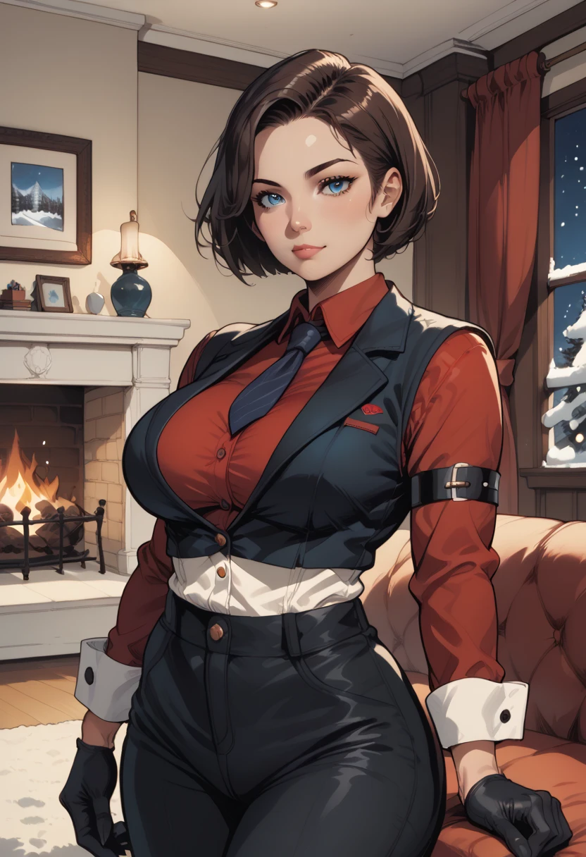 score_9, score_8_up, score_7_up, source_anime, 1woman, mature, human female, human, detailed face, jawline, smooth skin, beige skin, beautiful eyes, blue eyes, brunette, big breasts, bob cut hair, indoors, couch, fireplace, night, window, snow, red shirt, black necktie, long sleeves, arm garter, black gloves, black vest, waistcoat, black pants,