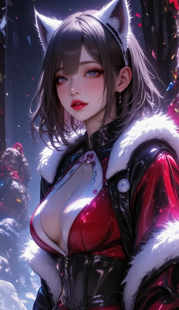 blonde hair, pink eyes, big lips, wearing pink lip gloss, long hair, giant breasts, spaghetti strap, fur trim, bare shoulders, hourglass figure, (narrow waist), thick thighs, defined stomach, street view, snowy night, skyscrapers, winter in the city, christmas lights, detailed sky, puckered lips, standing,  background, cleavage, babydoll dress, micro skirt, detailed face and eyes, head tilt, , midshot, red hair ribbon, ruffle skirt, pearl jewelry, [santa hat], bracelets, northern lights, leaning forward, seductive pose, dating pov
