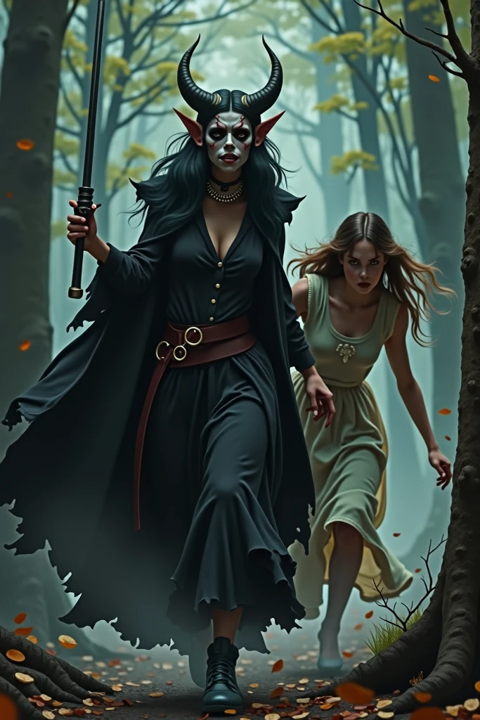 Woman, (((masterpiece))), 8k, (((best quality))), black fur robe with hood, Black blindfold, evil smile, open mouth, black hair sharp teeth, dark forest, upper body, dark sky, standing, starrystarscloudcolorful, --auto