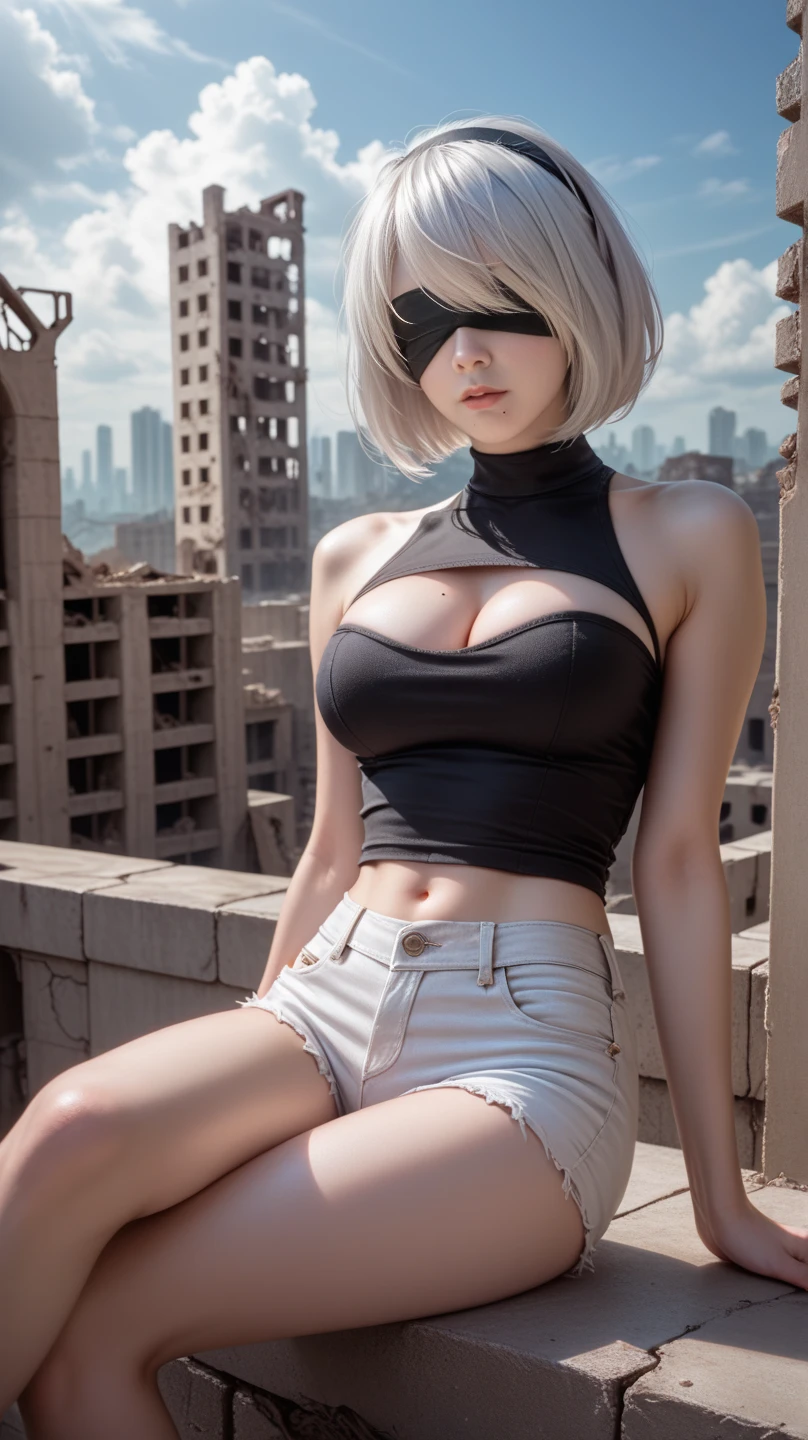 25-year-old Caucasian woman、platinum-blonde、blue eyess、Short Bob、Inner winding、using a hair band、accessories on the wrist、wearing a choker、a smile、I can see the belly button、My abs are cracked、a smile、Slender but well-proportioned muscular body、I don't want my head to disappear from the screen.、Wearing an off-shoulder shirt with a logo on it、I'm wearing low-rise hot pants、Ribbons are wrapped crisscrossingly from ankles to thighs.、I'm wearing high heels、Facing to the side、a smile、I'm on the balcony of a resort apartment overlooking the ocean.