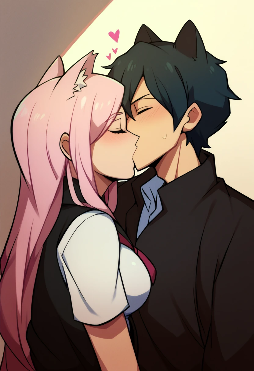 1girl, pink hair long hair, white School uniform, closed eyes, cat ears, tail cat,And 1boy, Black hair Black trench coat, closed eyes,Kiss romantic scene),semidraws style,