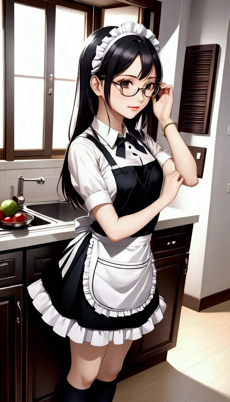 Top quality, high resolution, masterpiece, high resolution, textured skin, realism, detailed face, CG, Beautiful and very cute young woman (randomly selected race, hairstyle, hair length, hair color, with or without glasses) wearing shiny black knee-high socks (absolute territory), black strap shoes, knee-length black maid apron, short-sleeved white blouse with buttons and frills, headband, bangles, anklets, ((full body)), The woman is standing and randomly [putting hands in pockets], [hands on hips], [pushing up glasses with fingers] (center or edge of glasses), [clasping hands behind back], [leaning forward slightly with hands on both knees], [cleaning], [cooking in kitchen] [or other suitable pose] 1 5.5), (Camera angles randomly selected from all angles, including steep angles, with a focus on women: 5.8), (Locations randomly selected from indoors, kitchen dining, living room, hallway, stairs, bedroom, rooftop balcony, indoor entrance, storage room or place, garden, study, laundry room), (Morning, afternoon, evening, night, weather, also random: 5.4), Perfect hands, feet, and body structure