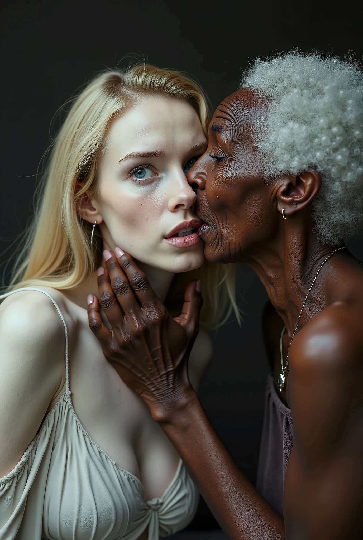 black woman hair in a bun naked, old ugly woman standing behind her up against her rubbing her pussy