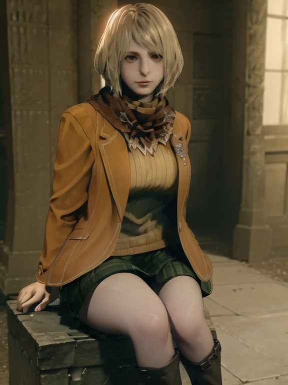 a single girl, ashley-re4, boots, brown eyes, coat, high heel boots, high heels, jacket, knee boots, lips, long socks, scarf, short hair, sitting, skirt, solitary, sweater, (best quality,4k,8k,highres,masterpiece:1.2),ultra-detailed,(realistic,photorealistic,photo-realistic:1.37),detailed facial features, highly detailed skin, intricate clothing textures, cinematic lighting, dramatic shadows, warm color palette, moody atmosphere