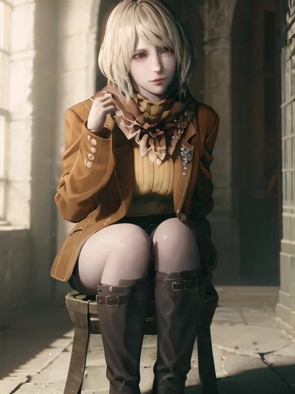 a single girl, ashley-re4, boots, brown eyes, coat, high heel boots, high heels, jacket, knee boots, lips, long socks, scarf, short hair, sitting, skirt, solitary, sweater, (best quality,4k,8k,highres,masterpiece:1.2),ultra-detailed,(realistic,photorealistic,photo-realistic:1.37),detailed facial features, highly detailed skin, intricate clothing textures, cinematic lighting, dramatic shadows, warm color palette, moody atmosphere