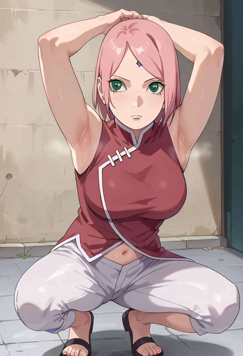 nsfw, haruno sakura, pink hair, short hair, (((green eyes:1.5))), red sleeveless dress, navel, large breasts, white pants,(black eyes:1.1),In a dimly lit alley ,Armpit,Armpit wrinkles,Armpit smell,Armpit juice,Arms up,Stretch,pubic hair,under hair,squat down, 