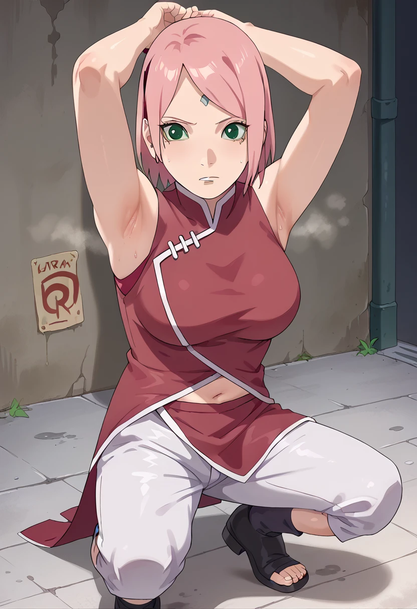 nsfw, haruno sakura, pink hair, short hair, (((green eyes:1.5))), red sleeveless dress, navel, large breasts, white pants,(black eyes:1.1),In a dimly lit alley ,Armpit,Armpit wrinkles,Armpit smell,Armpit juice,Arms up,Stretch,pubic hair,under hair,squat down, 