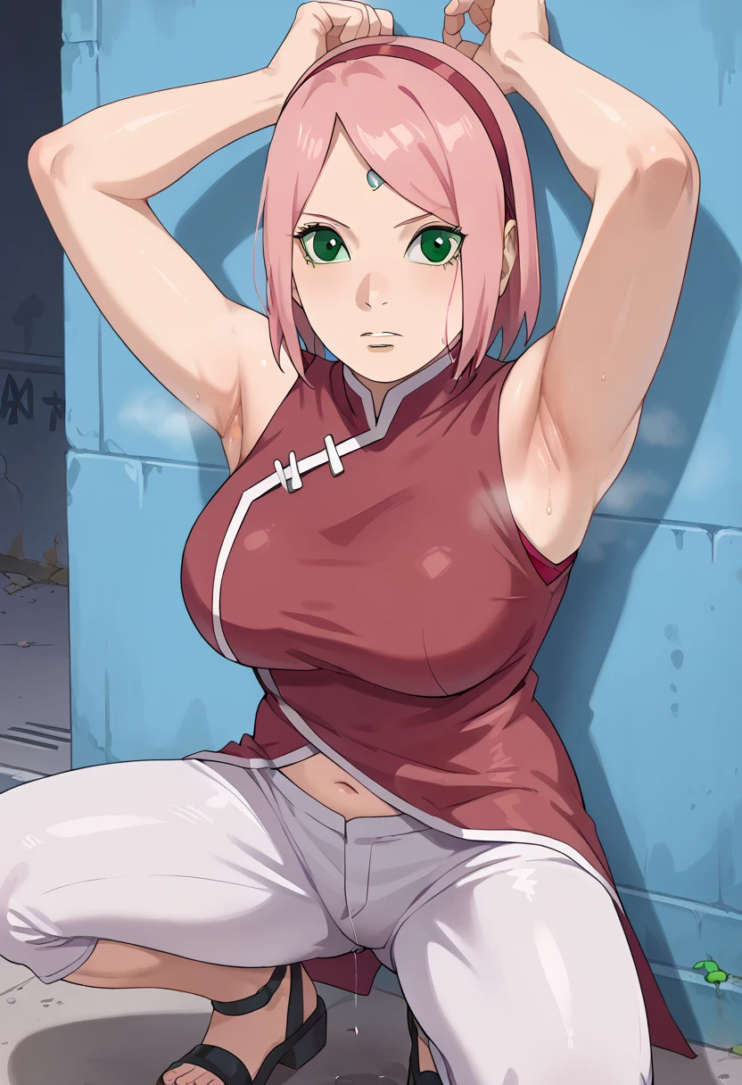 nsfw, haruno sakura, pink hair, short hair, (((green eyes:1.5))), red sleeveless dress, navel, large breasts, white pants,(black eyes:1.1),In a dimly lit alley ,Armpit,Armpit wrinkles,Armpit smell,Armpit juice,Arms up,Stretch,pubic hair,under hair,squat down, 