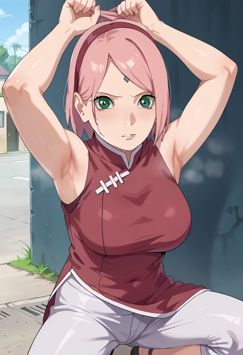 nsfw, haruno sakura, pink hair, short hair, (((green eyes:1.5))), red sleeveless dress, navel, large breasts, white pants,(black pupil:1.1),In a dimly lit alley ,Armpit,Armpit wrinkles,Armpit smell,Armpit juice,Arms up,Stretch,pubic hair,under hair,squat down, 