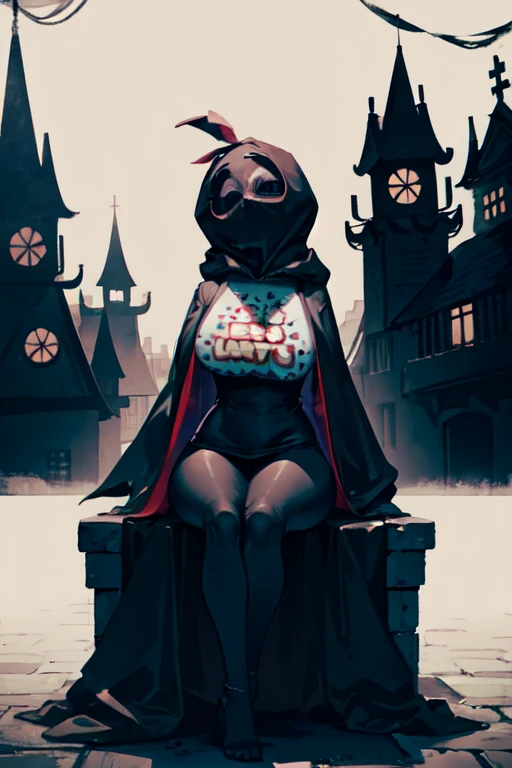 Chica from Five Nights at Freddy's wearing a long black cloak, hood covering her head, sitting on a building in and eerie atmosphere. Big breasts blushing zipper half sexy legs 