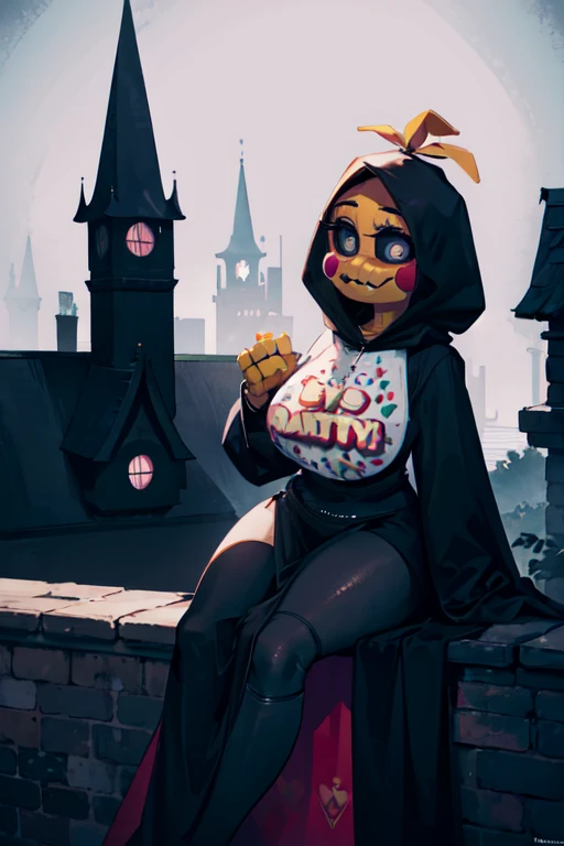 Chica from Five Nights at Freddy's wearing a long black cloak, hood covering her head, sitting on a building in and eerie atmosphere. Big breasts blushing zipper half sexy legs 