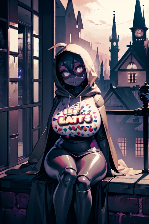 Chica from Five Nights at Freddy's wearing a long black cloak, hood covering her head, sitting on a building in and eerie atmosphere. Big breasts blushing zipper half sexy legs 