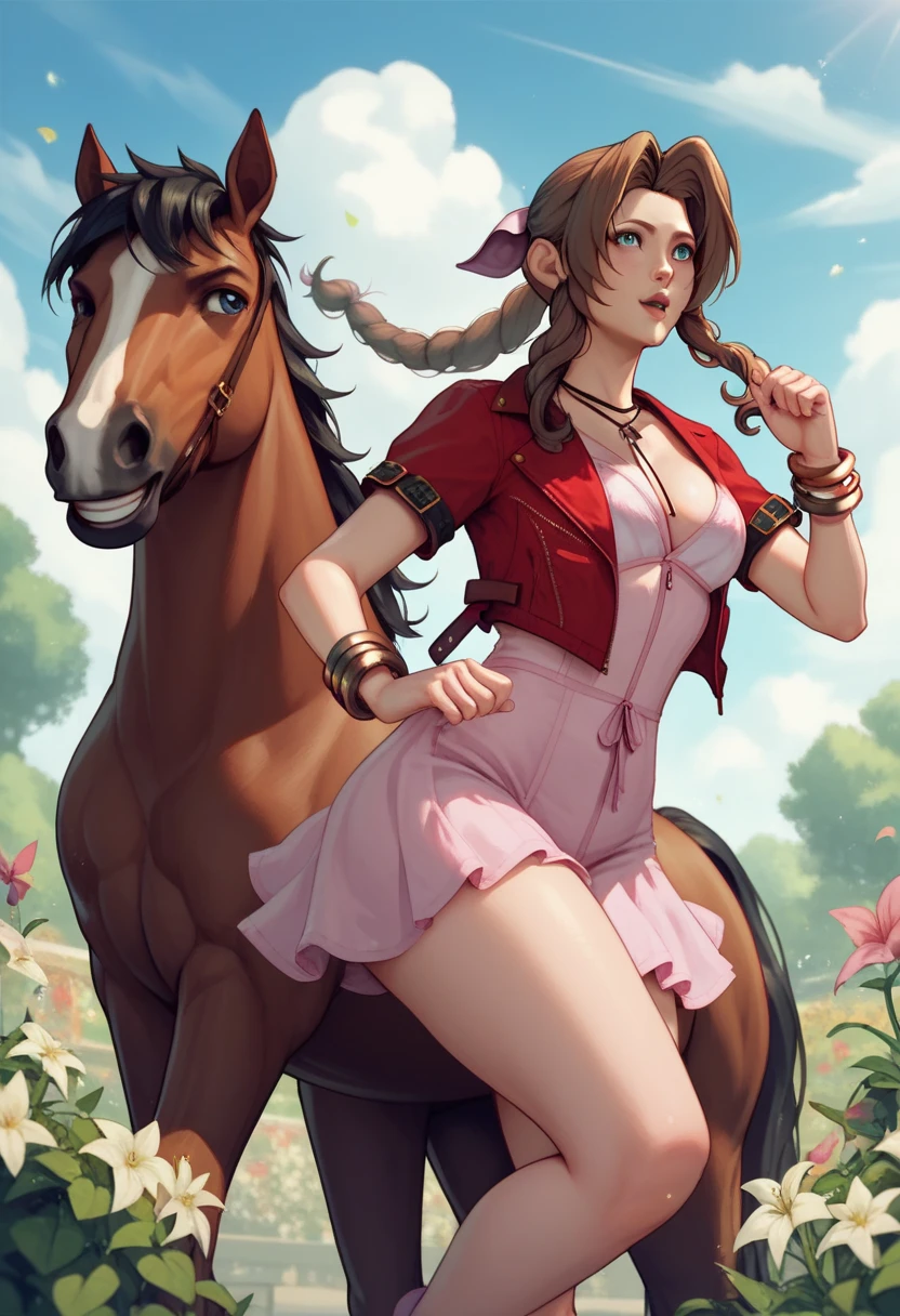 Aerith from big curly hair blue eyes medium tits healed abdomen thick thighs Big naked riding on top of a horse running through a flower garden nua pelada sem roupa fazendo sexo pelada nua