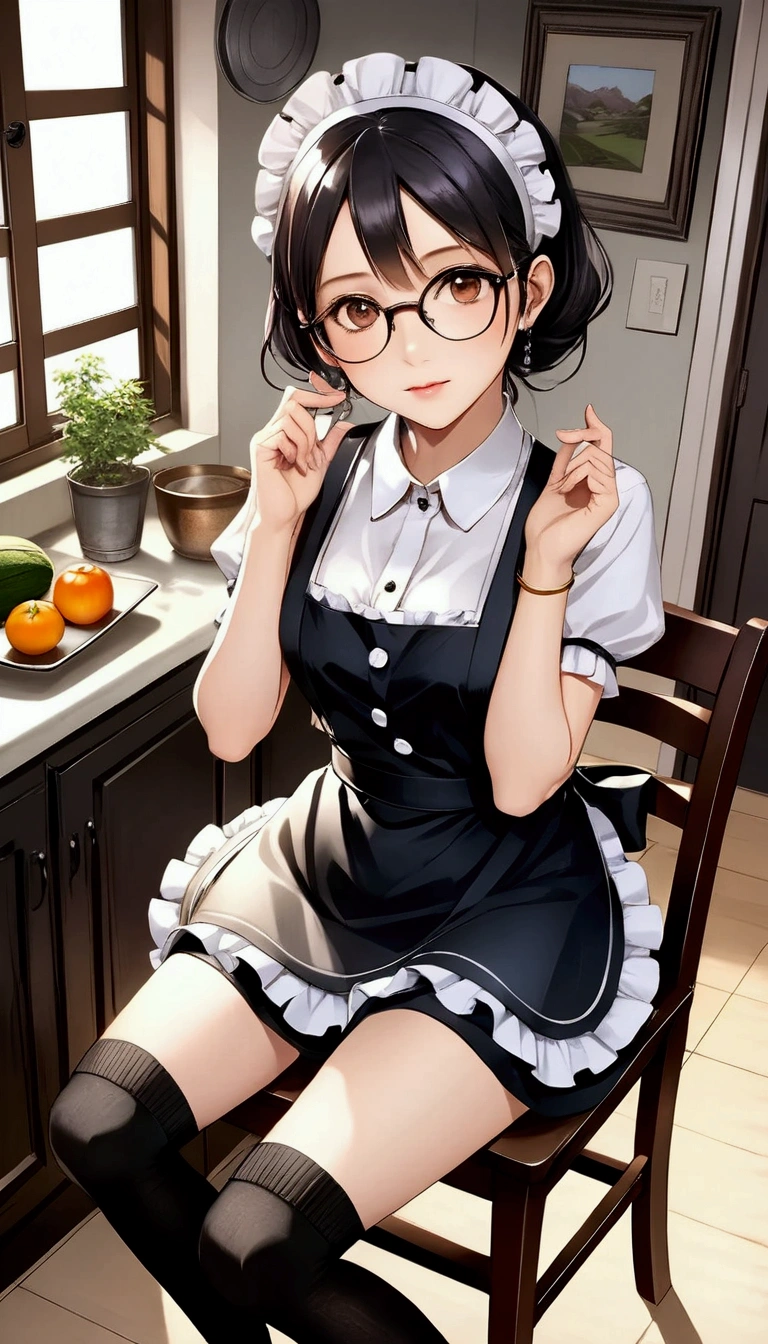 Top quality, high resolution, masterpiece, high resolution, textured skin, realism, detailed face, CG, Beautiful and very cute young woman (randomly selected race, hairstyle, hair length, hair color, with or without glasses) wearing shiny black knee-high socks (absolute territory), black strap shoes, knee-length black maid apron, short-sleeved white blouse with buttons and frills, headband, bangle, anklet, ((full body)), The woman is standing and [puts hands in pockets], [hands on hips], [pushes glasses up with fingers] (center or edge of glasses), [folds hands behind back], [leaning forward slightly with hands on both knees], [sitting on a chair (seating style is random)], [cleaning], [cooking in the kitchen], [or other suitable pose] randomly 1 5.5), (Camera angles randomly selected from all angles, including steep angles, with a focus on women: 5.8), (Locations randomly selected from indoors, kitchen dining, living room, hallway, stairs, bedroom, rooftop balcony, indoor entrance, storage room or place, garden, study, laundry room), (Morning, afternoon, evening, night, weather, also random: 5.4), Perfect hands, feet, and body structure