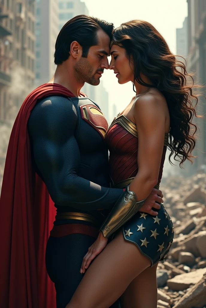 2 person, hyper realistic pores, hyper realistic skin, detailed skin, hyper realistic face, perfect face, realistic eyes, eye reflection, perfect lips, A man/superman and wonderwoman, Man body setting,Superman lace costume tights , (bare thighs ) , eroticism, standing , big thighs , fat hips, a man/superhuman flying in the air hugging/embracing a civilian girl, flying hovering over the city, in the night sky........ and a Girls/wonderwoman body setting, japanese girls, jav idols girls, perfect face, japanese face, perfect skin,hyper realistic skin, detailed skin, perfect eye, eye reflection, sexy clothes, big breast cleavage, big breast covered, heavy big breast, heavy huge breasts, nipple not exposed, eroticism, (intricate), perfect anatomy, correct anatomy, UHD, 16K, hyper realistic shadow, hyper realistic lighting, hyper realistic lighting reflection, hyper realistic atmosphere, (realistic photo:1.7), (extremely realistic photo),