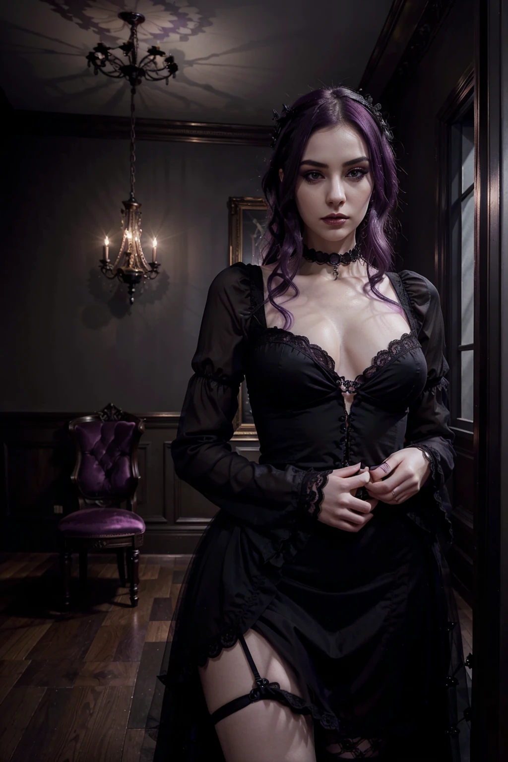 edgy goth woman wearing a Black lacy Victorian corset, upper body, Spiral curls, Emerald hair color, depth of field, hard shadows, night, dark , deep, grainy, silhouette lighting black stocking and glowing yellow blind eyes, filled with beauty an sorrow, crying out to the world of melancholy.