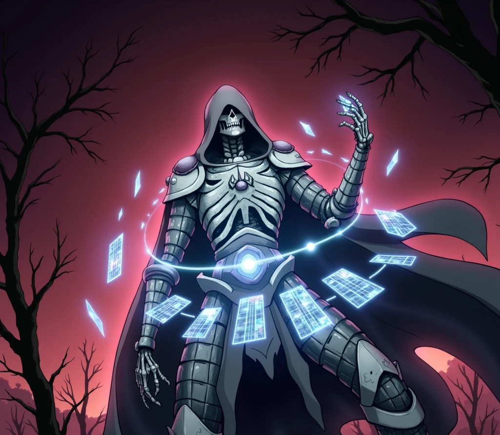 Skeleton wizard+ realistic strokes, friendly skeleton, 8k, wearing a purple cloak with blue details, realistic hands, Dungeon & Dragon RPG+ background, cool colors