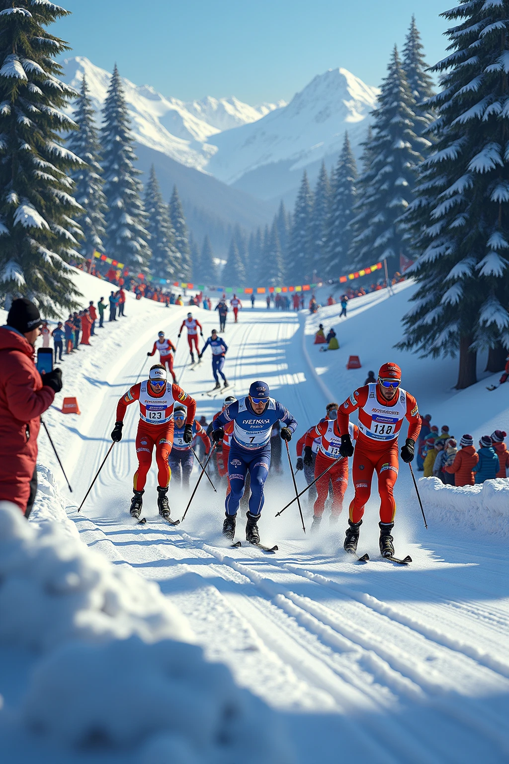 A high-energy and detailed depiction of a cross-country skiing competition, where a group of determined athletes races toward the finish line in a fierce contest of speed and endurance. The skiers are captured in dynamic mid-motion, their skis slicing through the groomed snow trail, and their poles digging into the ground for maximum propulsion. Each athlete wears colorful, tight-fitting winter gear prominently adorned with advertisements from popular beer brands, such as bold logos and slogans for pilsners, lagers, and craft brews. Frost clings to their goggles and faces, and their visible breath adds to the cold intensity of the scene.

The snowy environment is vibrant, with rolling white hills and tall, frost-covered evergreens lining the trail. Cheering spectators bundled in winter gear stand at the sidelines, waving banners and clapping enthusiastically. The finish line is visible in the distance, marked with colorful flags and more beer-related advertisements, contributing to the festive, celebratory atmosphere of the event.

In the foreground, the leading skiers push themselves to the limit, their focused expressions and powerful movements embodying the competitive spirit. The scene conveys a blend of athleticism, excitement, and lighthearted humor, with the playful incorporation of beer brands as a nod to post-race celebration.