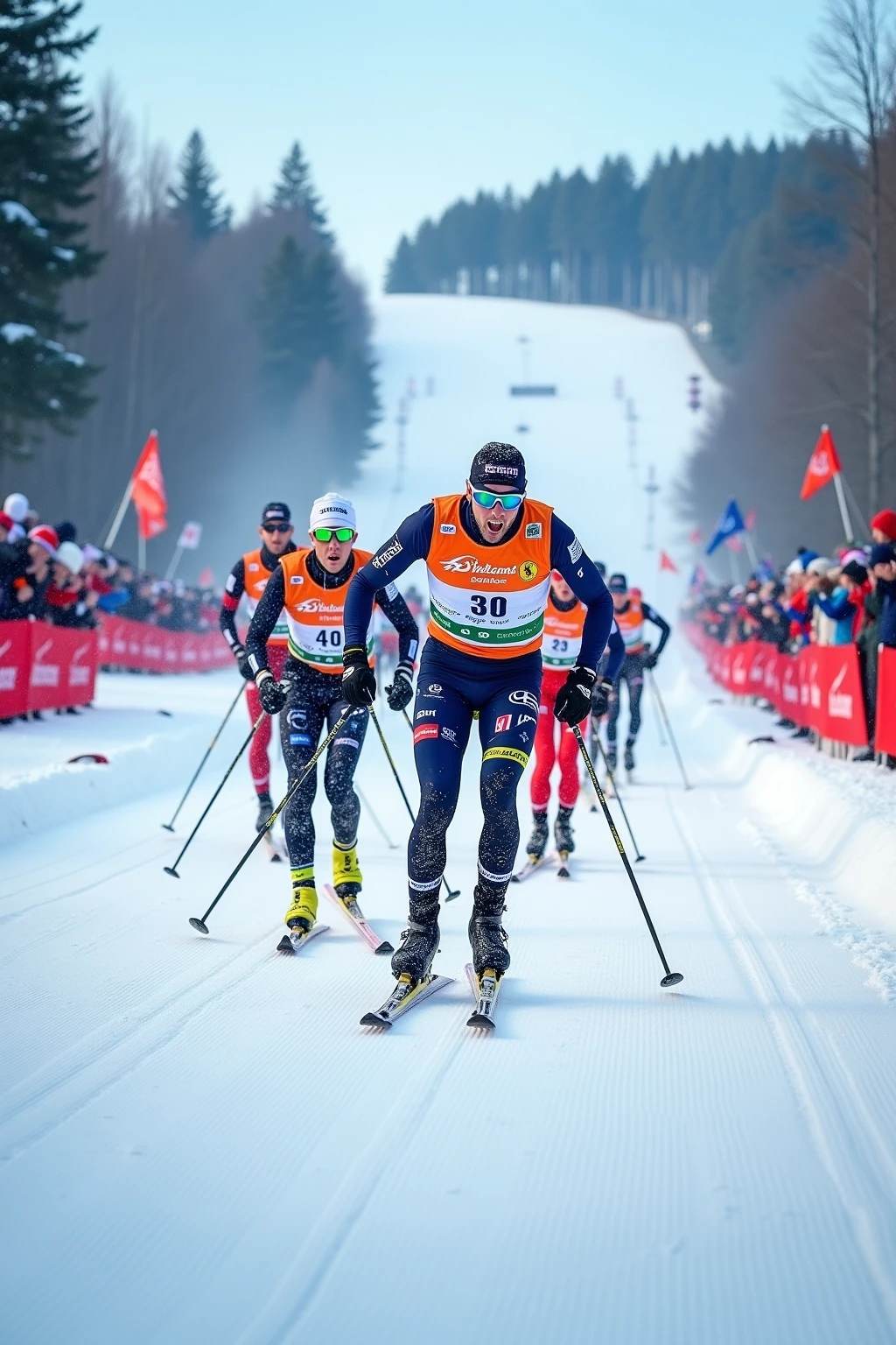 A high-energy and detailed depiction of a cross-country skiing competition, where a group of determined athletes races toward the finish line in a fierce contest of speed and endurance. The skiers are captured in dynamic mid-motion, their skis slicing through the groomed snow trail, and their poles digging into the ground for maximum propulsion. Each athlete wears colorful, tight-fitting winter gear prominently adorned with advertisements from popular beer brands, such as bold logos and slogans for pilsners, lagers, and craft brews. Frost clings to their goggles and faces, and their visible breath adds to the cold intensity of the scene.

The snowy environment is vibrant, with rolling white hills and tall, frost-covered evergreens lining the trail. Cheering spectators bundled in winter gear stand at the sidelines, waving banners and clapping enthusiastically. The finish line is visible in the distance, marked with colorful flags and more beer-related advertisements, contributing to the festive, celebratory atmosphere of the event.

In the foreground, the leading skiers push themselves to the limit, their focused expressions and powerful movements embodying the competitive spirit. The scene conveys a blend of athleticism, excitement, and lighthearted humor, with the playful incorporation of beer brands as a nod to post-race celebration.