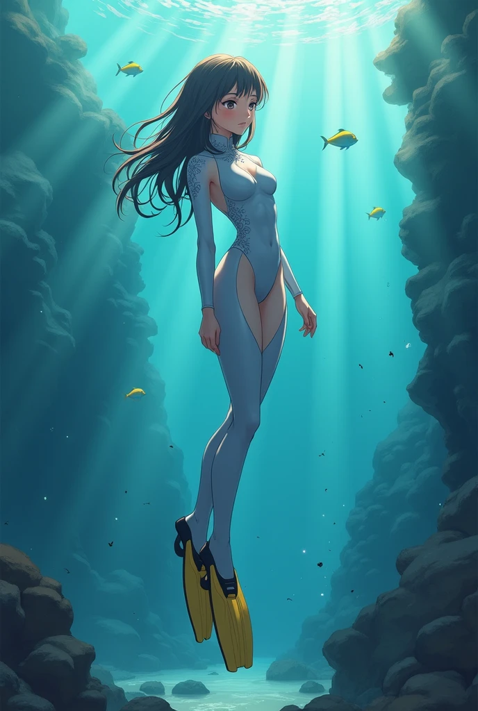 ((fantasy style:1.4)),(anime,8k,masterpiece, top quality, best quality,beautiful and aesthetic:1.2,professional illustrasion:1.1,ultra detail:1.3,perfect lighting),extremely detailed,highest detailed, absurdres , highres, ultra detailed,intricate:1.6,A girl swimming in the crystal clear sea,colorful:1.4,full body,girl, adult, pale skin, glamor, narrow waist, wide hips, large breasts, black hair, very long hair, straight hair, hair rings,(beautiful eyes:1.4,beautiful hair:1.4),attractive face:1.2,natural lipstick,eyelashes,empress,thin pubic hair,28 years old,swim suit,body suit,Full body rubber suit,snorkeling,nude,nsfw