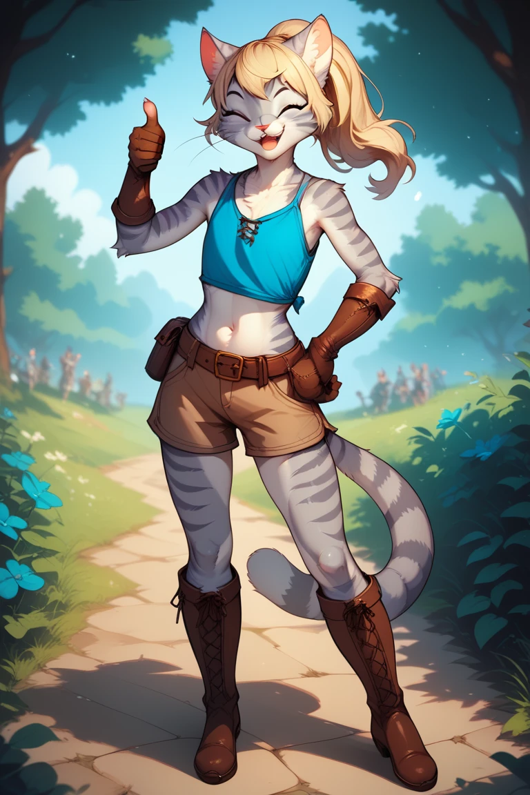 Score_9, score_8_up, score_7_up, Kat, Anthro, Anthro furry feline girl, grey striped fur, flat chest, small, skinny, cub, blonde hair, ponytail, standing, blue top, midriff, belt, brown bottoms, gloves, brown boots, outdoors, smiling, thumbs up, winking, playful pose