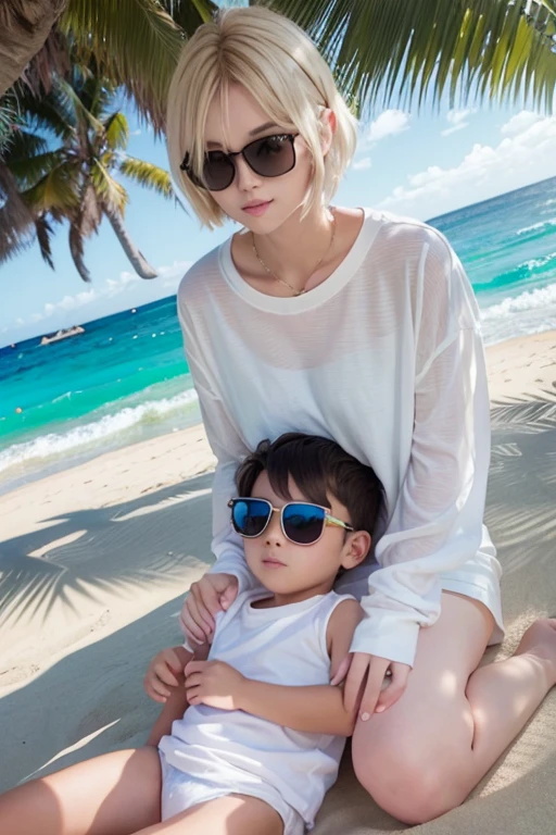 young boy sitting on his mom's lap, appropriate white underwear clothes, black shirt, blonde hair, sun glasses, beach background, mother and son, 1kid, 1boy