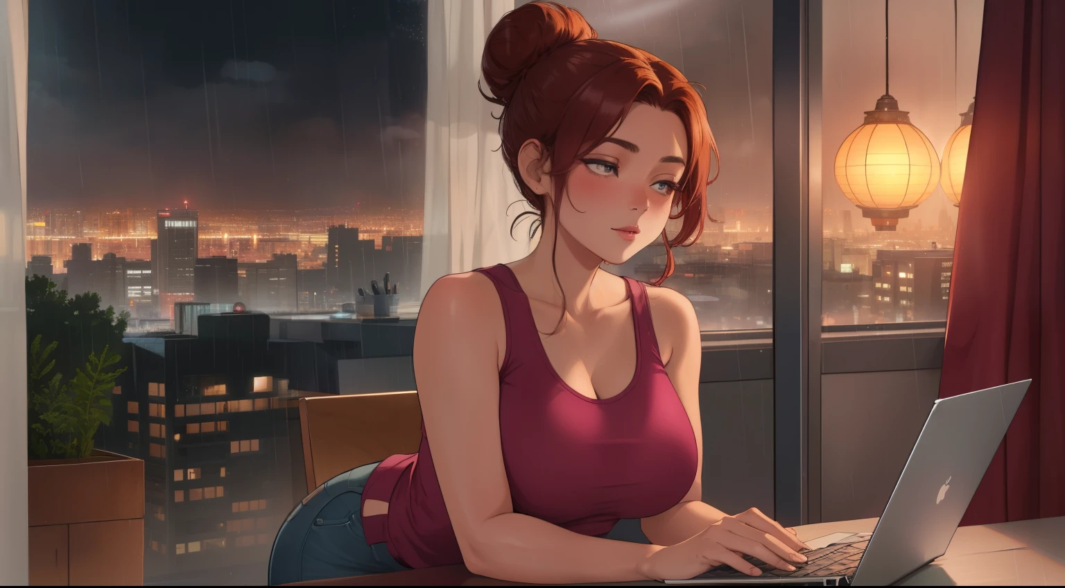 "A cozy room night scene rainy featuring A woman big bobs with short wavy auburn hair tied in a loose bun, wearing a pink tank top and fit jeans, The woman is focused on typing on a laptop placed on the desk. Behind her, a large glass window reveals a view of a Japanese city during the rainy season, with raindrops on the glass and soft city lights glowing in the background.