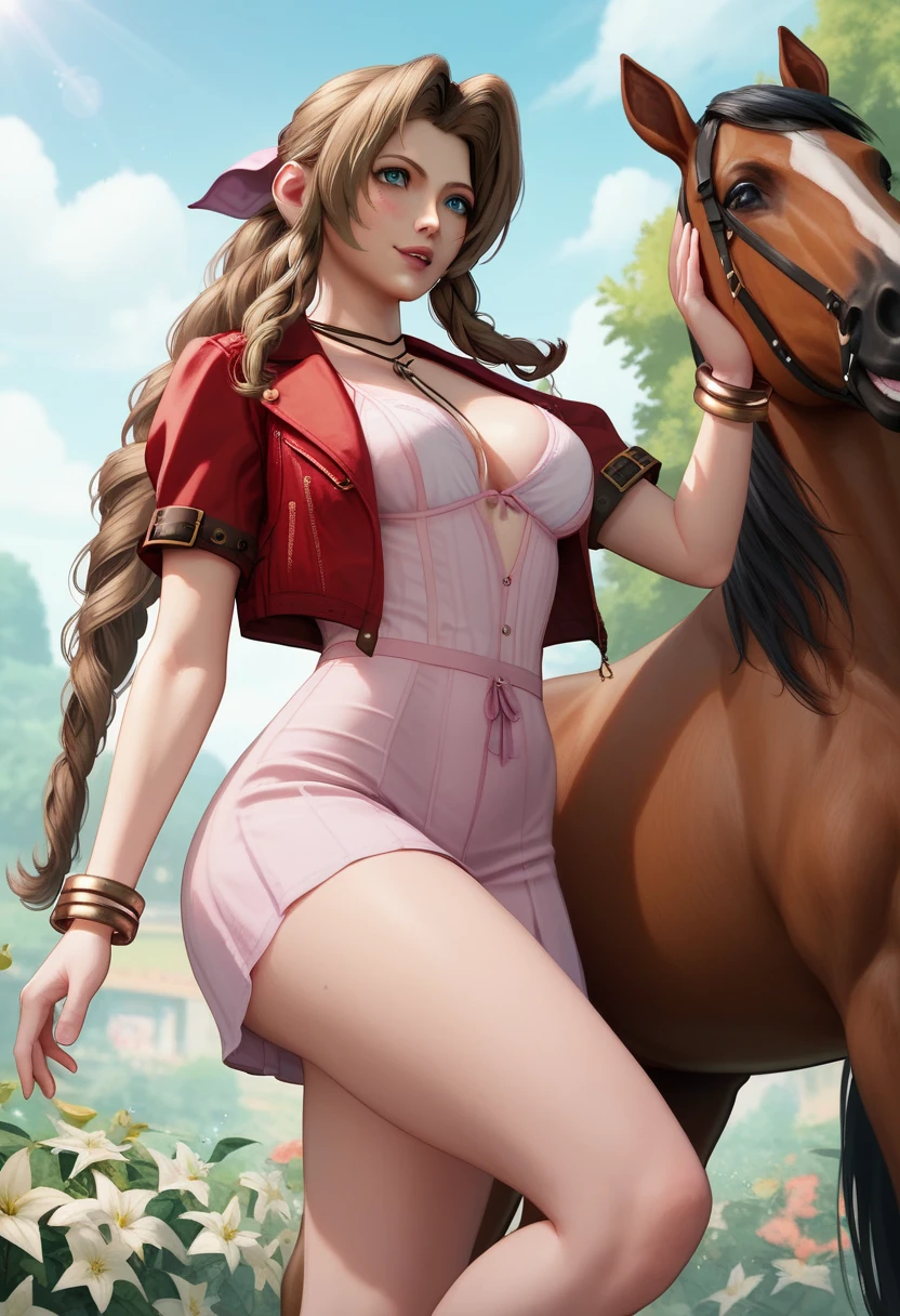 Aerith from big curly hair blue eyes medium tits healed abdomen thick thighs Big naked riding on top of a horse running through a flower garden nua pelada sem roupa fazendo sexo pelada nua nua pelada chupando a rola do cavalo