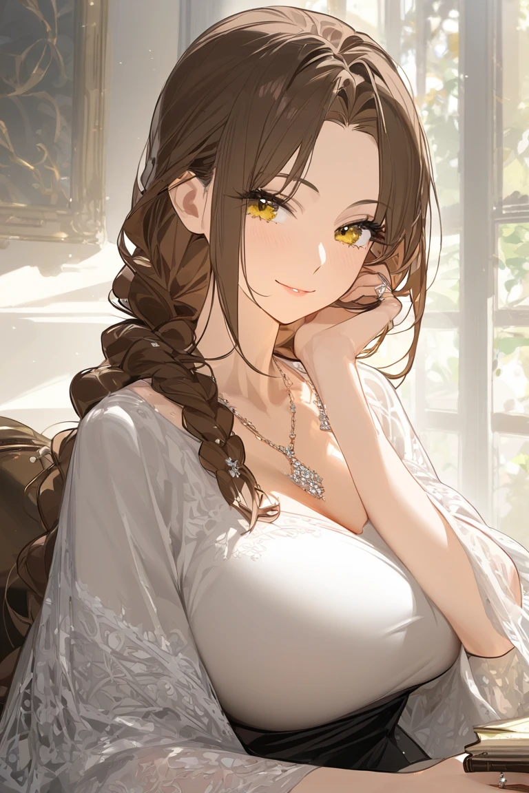 (masterpiece, best quality, high quality, good quality), mature female, solo, brown hair, low-braided long hair, yellow eyes, parted bangs, sidelocks, large sagging breasts, long eyelashes, glasses, upper body, looking at viewer, light smile, dress, square neckline, shawl, necklace, ring, living room, sitting, on chair, table, book, hand on own cheek, 